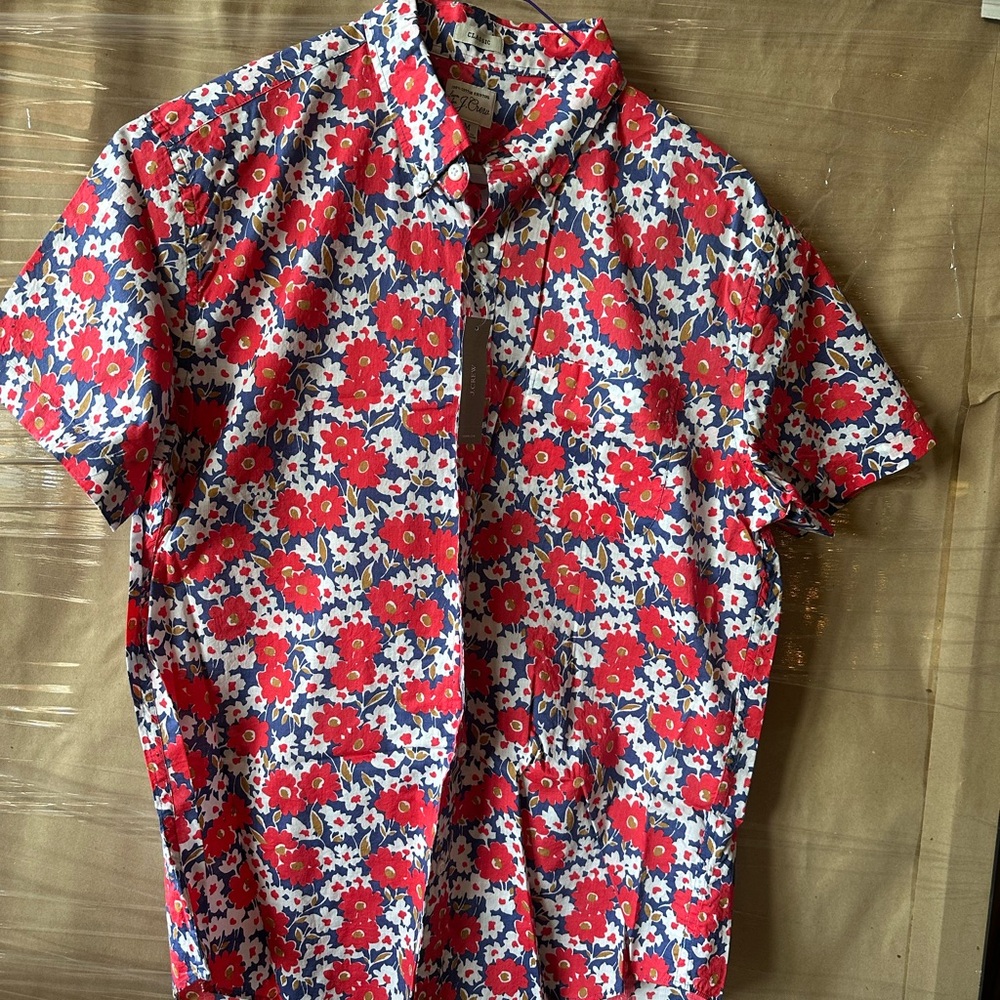 J. Crew Red and Blue Casual Button Down Shirt with Floral Design